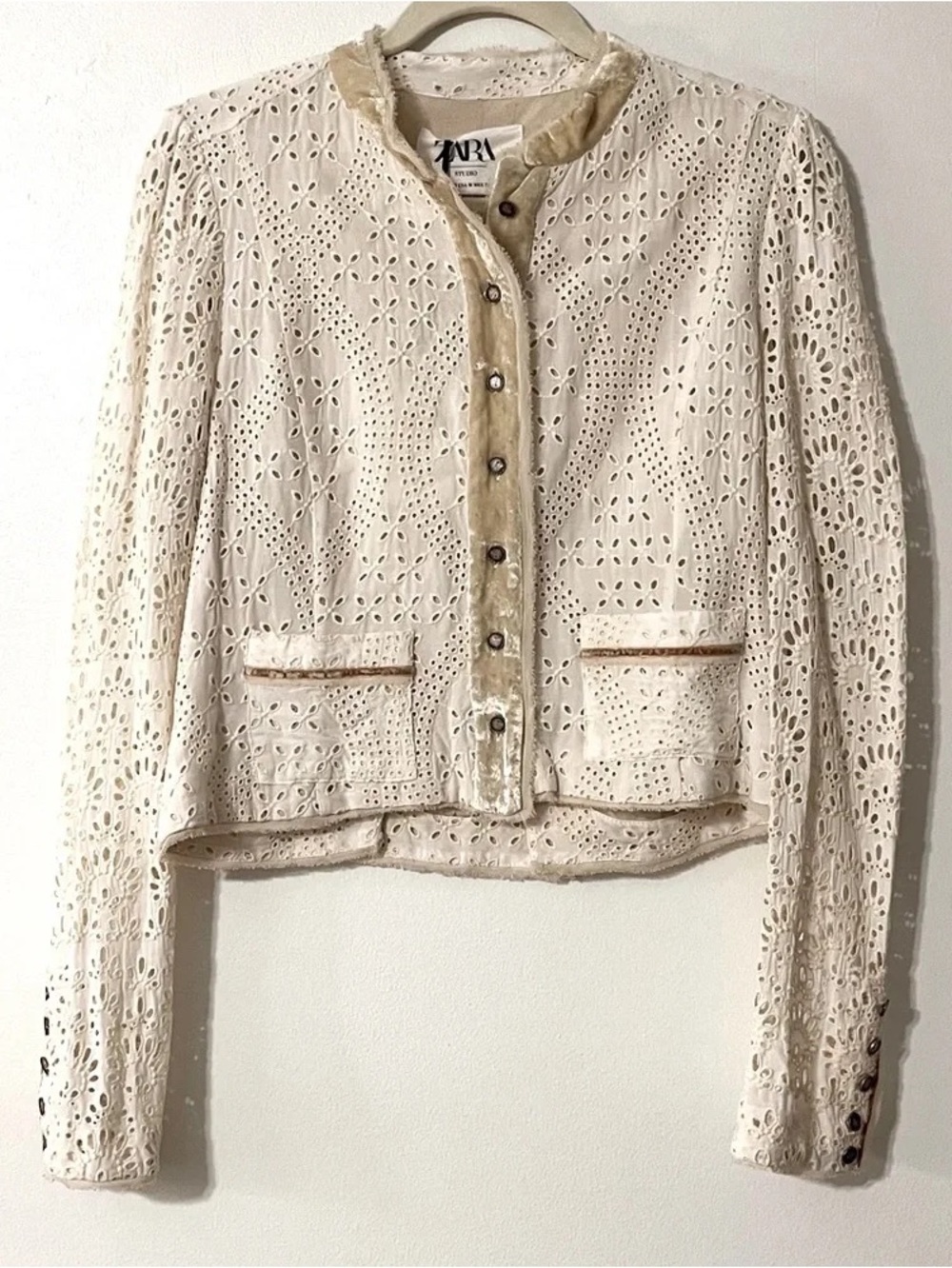 Zara Eyelet and Velvet-trim Jacket - size M